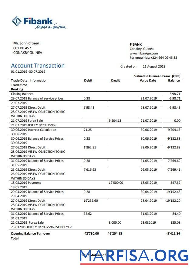 Blank Guinea Fibank bank statement word example